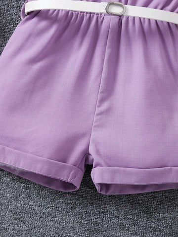 Young Women Elegant Commuting Noble Lady Bubble Striped Blouse Collar With Belted Shorts Romper