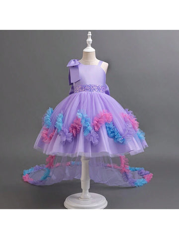 Young Women Elegant Sleeveless Sequined Floral Decorated Princess Dress With Long Tail, Formal Party Gown