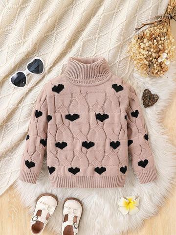 Young Women's Crew Neck Heart Pattern Knitted Sweater, Casual Khaki Chunky Knit Pullover For Winter
