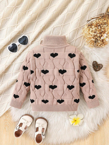 Young Women's Crew Neck Heart Pattern Knitted Sweater, Casual Khaki Chunky Knit Pullover For Winter