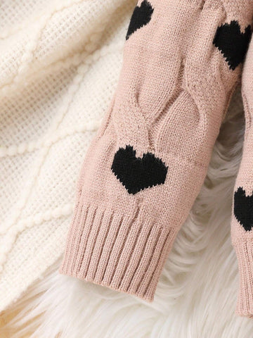 Young Women's Crew Neck Heart Pattern Knitted Sweater, Casual Khaki Chunky Knit Pullover For Winter