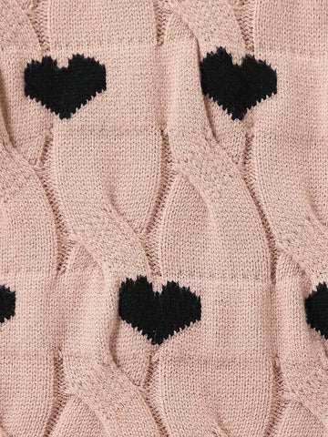 Young Women's Crew Neck Heart Pattern Knitted Sweater, Casual Khaki Chunky Knit Pullover For Winter