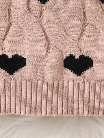 Young Women's Crew Neck Heart Pattern Knitted Sweater, Casual Khaki Chunky Knit Pullover For Winter