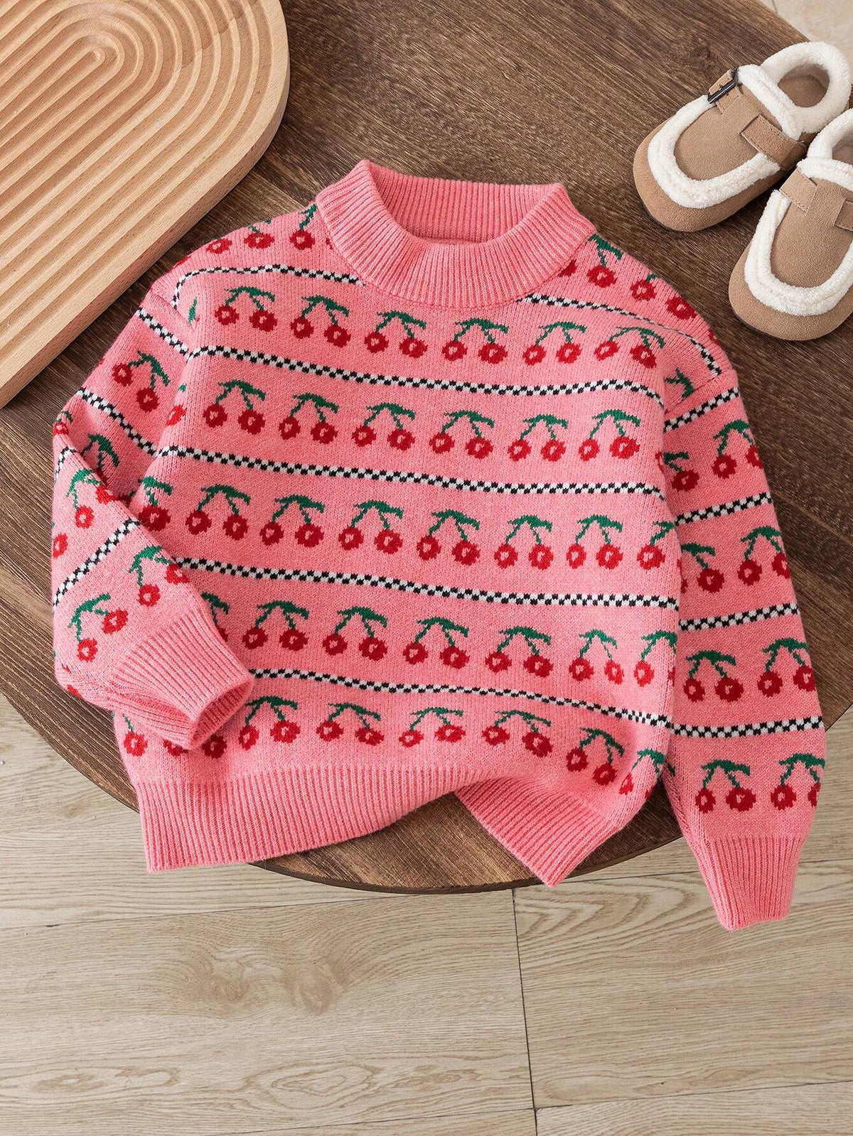 Young Women's Cute Cherry Knitted Sweater, Pink Crew Neck Long Sleeve Pullover