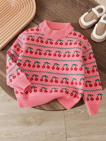 Young Women's Cute Cherry Knitted Sweater, Pink Crew Neck Long Sleeve Pullover