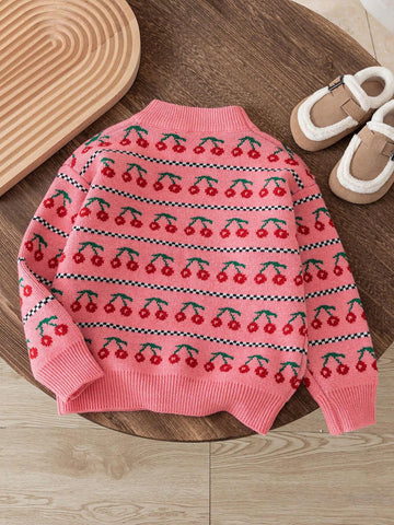 Young Women's Cute Cherry Knitted Sweater, Pink Crew Neck Long Sleeve Pullover