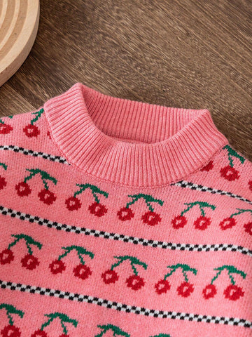 Young Women's Cute Cherry Knitted Sweater, Pink Crew Neck Long Sleeve Pullover