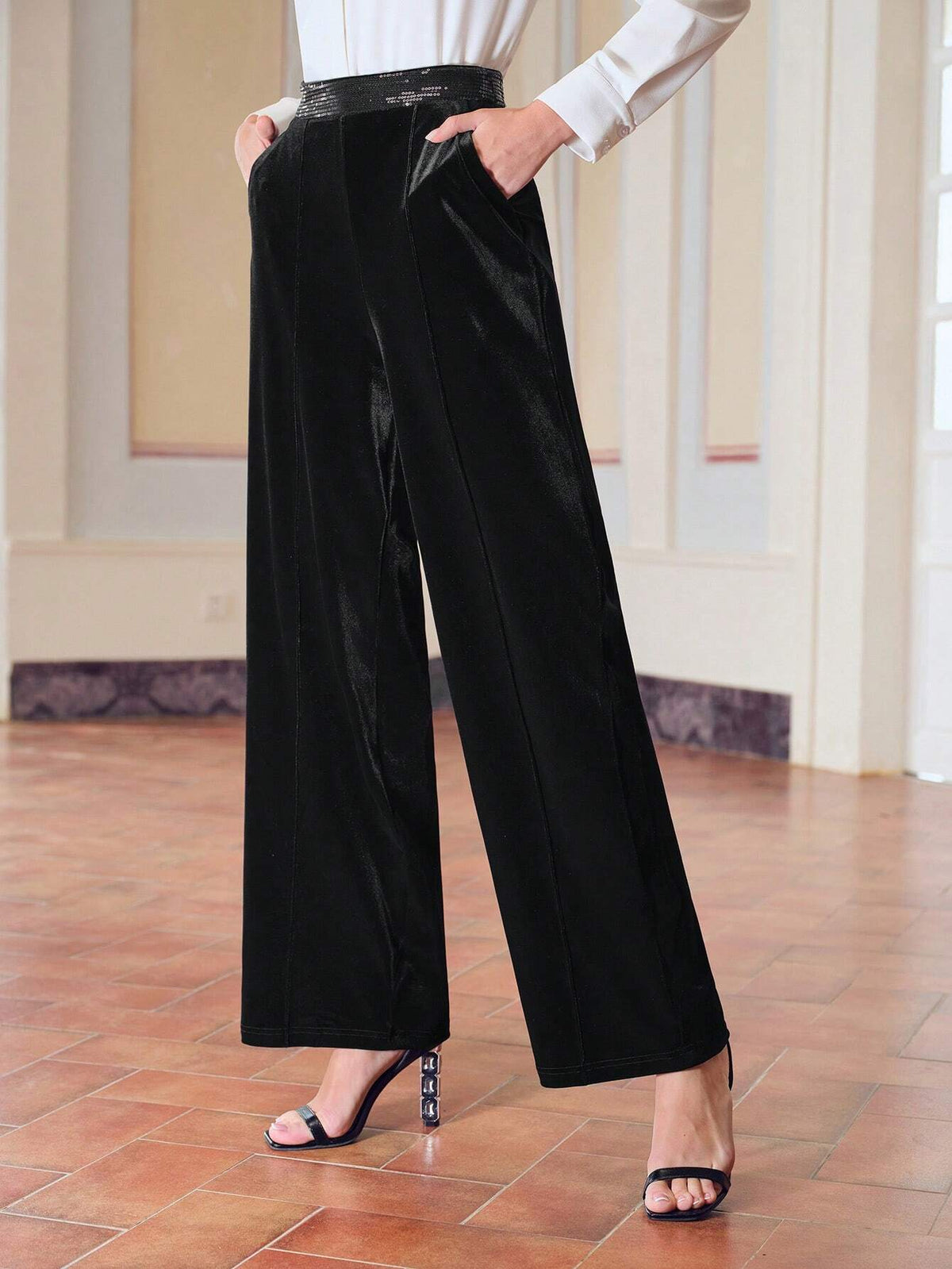 ZEYLAH VELVET SEQUINS WAIST SLANT POCKET WIDE LEG PANTS
