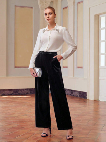 ZEYLAH VELVET SEQUINS WAIST SLANT POCKET WIDE LEG PANTS