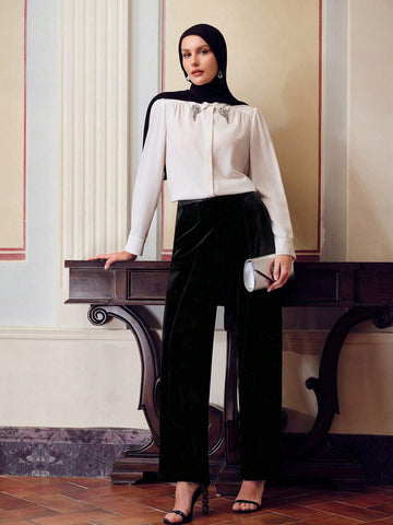 ZEYLAH VELVET SEQUINS WAIST SLANT POCKET WIDE LEG PANTS