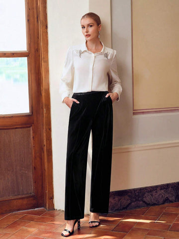 ZEYLAH VELVET SEQUINS WAIST SLANT POCKET WIDE LEG PANTS