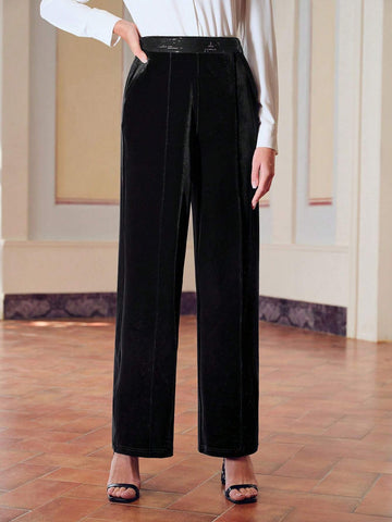ZEYLAH VELVET SEQUINS WAIST SLANT POCKET WIDE LEG PANTS