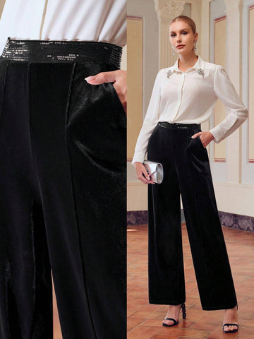 ZEYLAH VELVET SEQUINS WAIST SLANT POCKET WIDE LEG PANTS