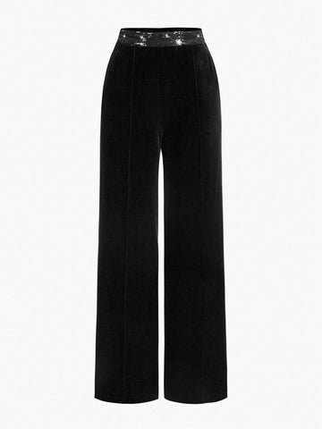 ZEYLAH VELVET SEQUINS WAIST SLANT POCKET WIDE LEG PANTS