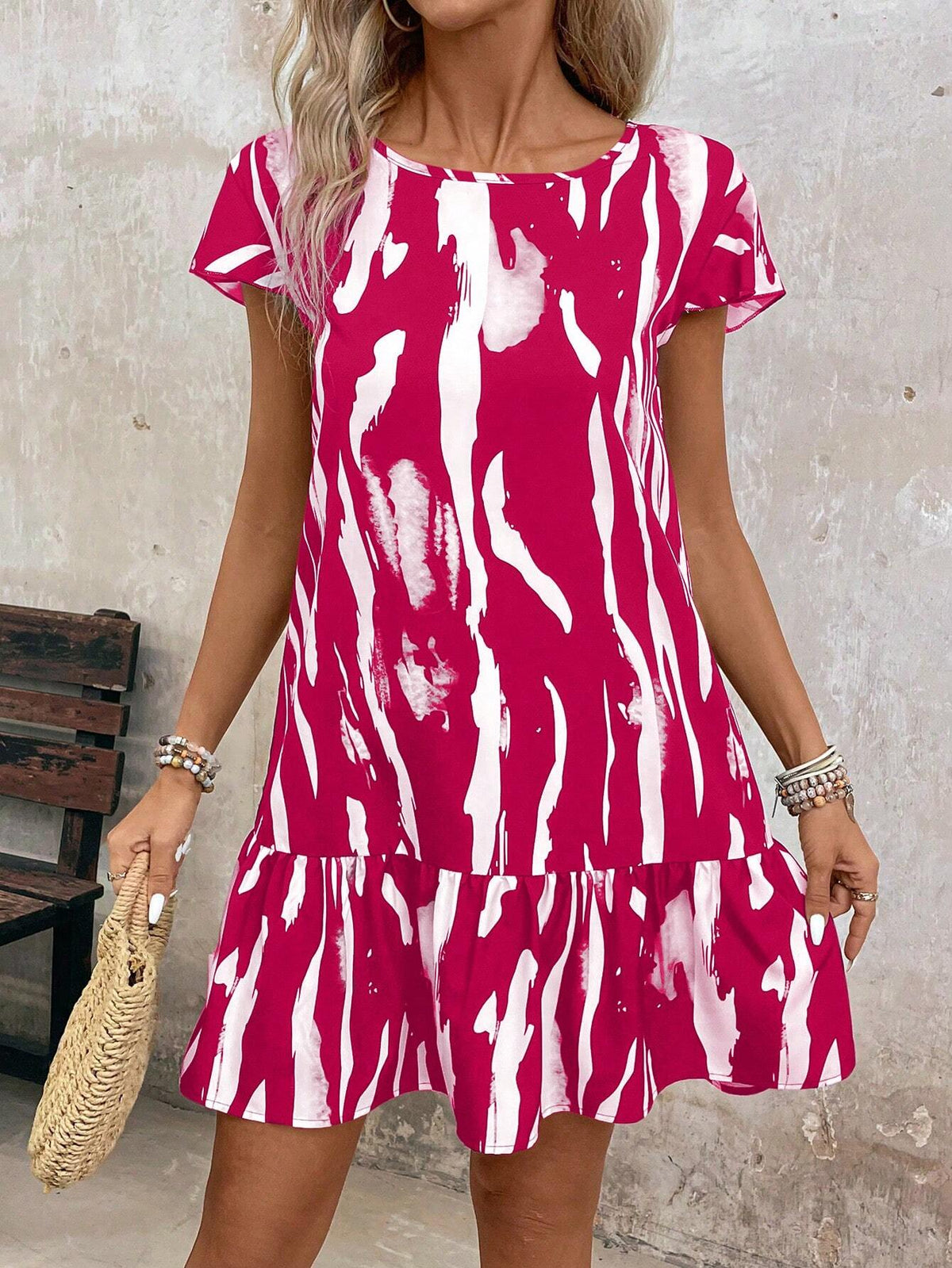 Zebra Print Asymmetrical Hem Loose Fit Cap Sleeve Round Neck Dress