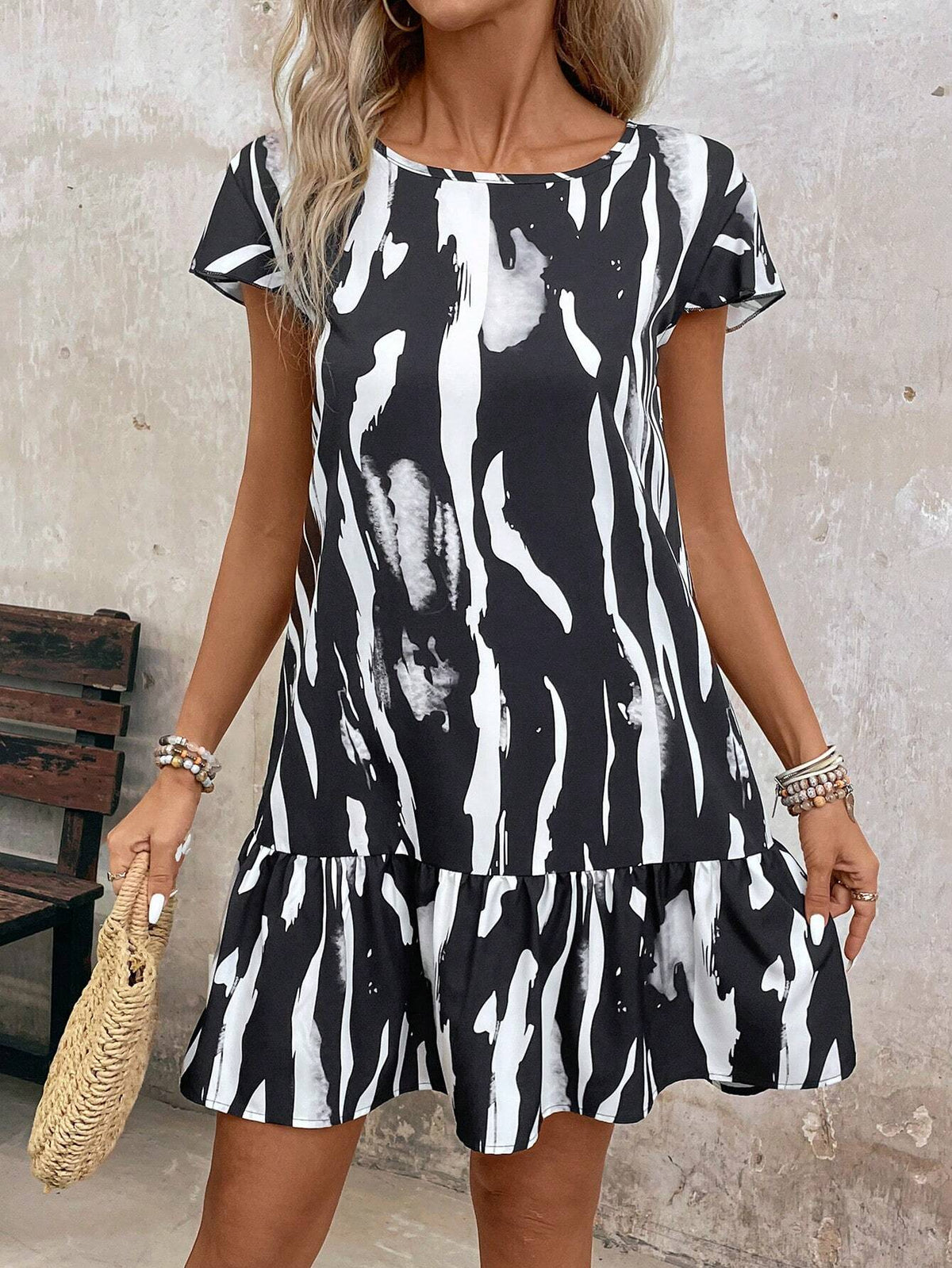 Zebra Printed Irregular Loose Cap Sleeve Round Neck Dress