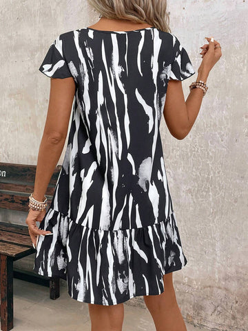 Zebra Printed Irregular Loose Cap Sleeve Round Neck Dress