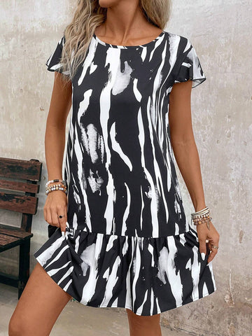 Zebra Printed Irregular Loose Cap Sleeve Round Neck Dress