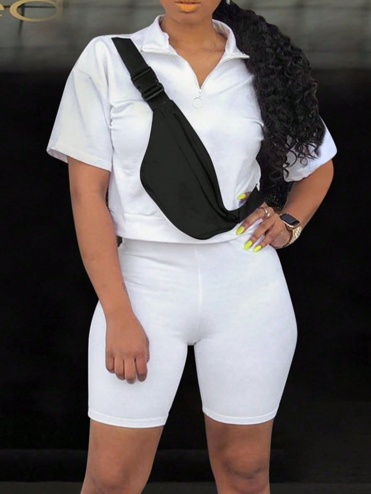 Zipper Half Collar Short Sleeve T-Shirt And Shorts Set