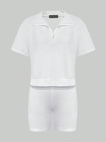 Zipper Half Collar Short Sleeve T-Shirt And Shorts Set