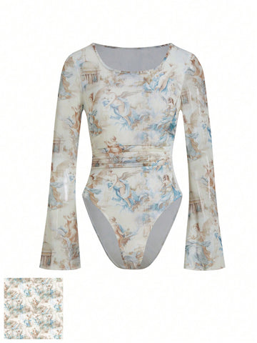 cha5rlie Women Slim Fit Round Neck Mesh Style Oil Painting Printed Long Sleeve Bodysuit