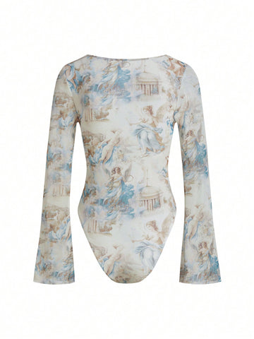 cha5rlie Women Slim Fit Round Neck Mesh Style Oil Painting Printed Long Sleeve Bodysuit