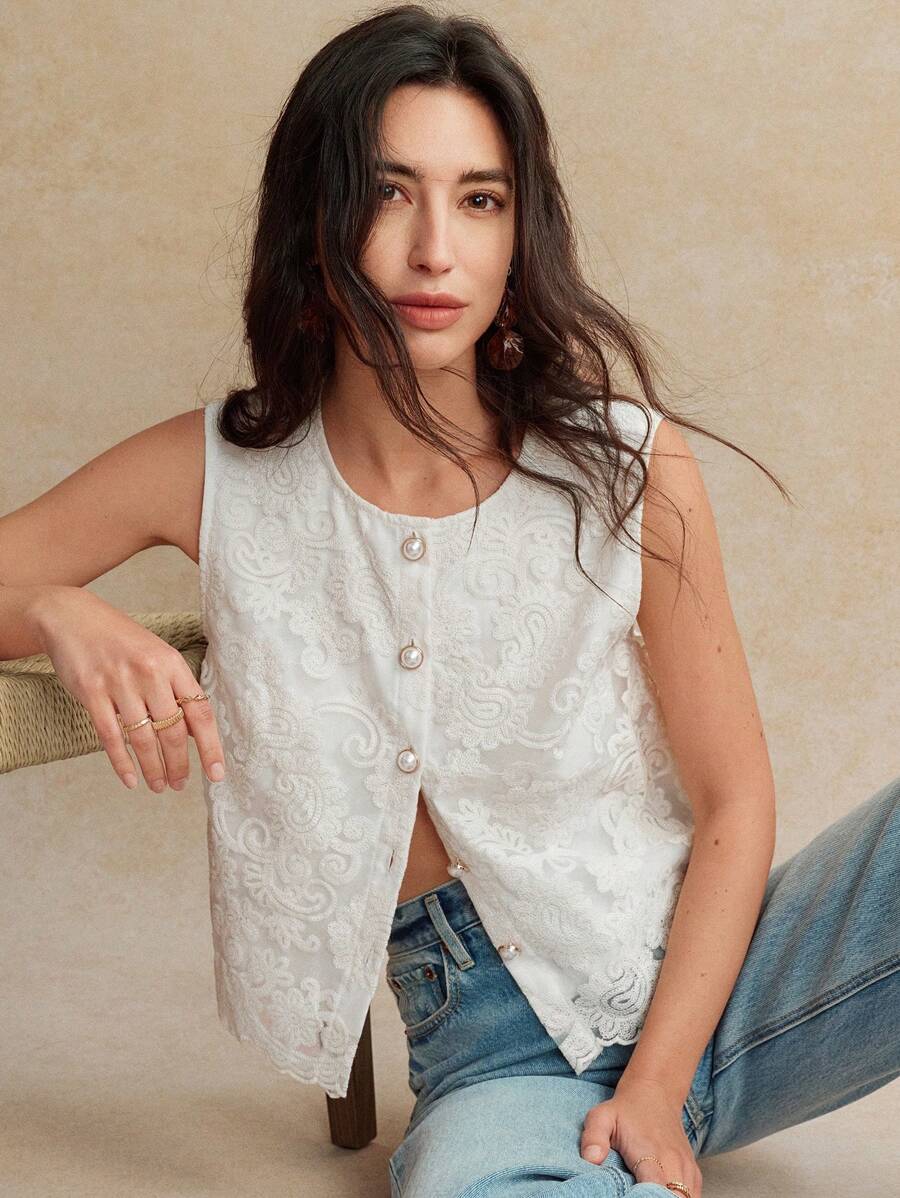 French Retro Boho Cashew Flower Embroidered Mesh Panels Front Button Down Sleeveless Shirt For Women