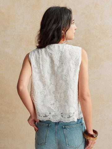 French Retro Boho Cashew Flower Embroidered Mesh Panels Front Button Down Sleeveless Shirt For Women