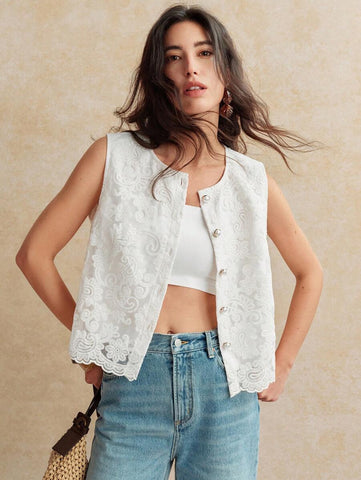 French Retro Boho Cashew Flower Embroidered Mesh Panels Front Button Down Sleeveless Shirt For Women