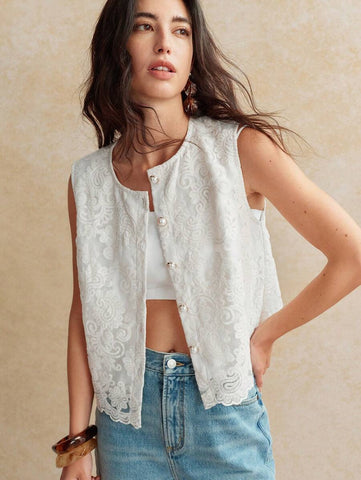 French Retro Boho Cashew Flower Embroidered Mesh Panels Front Button Down Sleeveless Shirt For Women