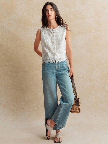 French Retro Boho Cashew Flower Embroidered Mesh Panels Front Button Down Sleeveless Shirt For Women