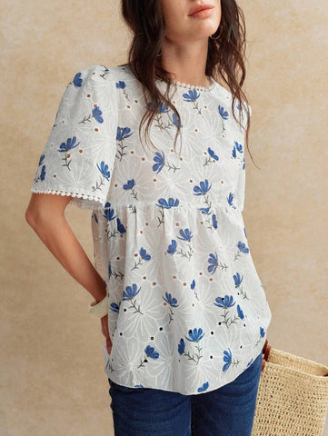 Women's Vintage Loose V-Neck Sleeveless Embroidery Floral Print White Blouse,