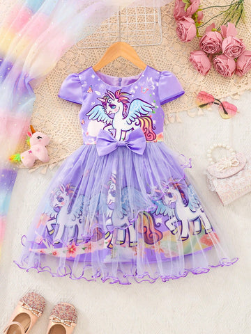 Girls' Cute Rainbow Pony Print Mesh Overlay Summer Dress With Zipper Back, Elegant & Charming