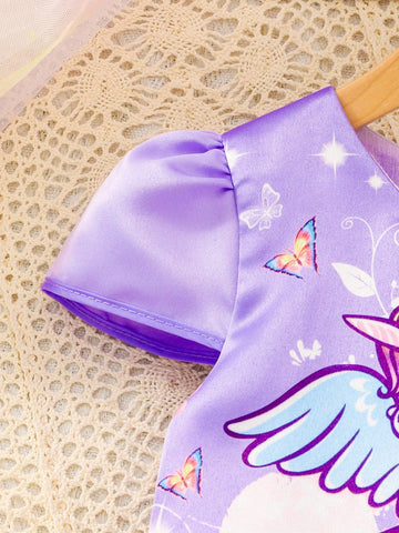 Girls' Cute Rainbow Pony Print Mesh Overlay Summer Dress With Zipper Back, Elegant & Charming