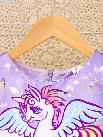 Girls' Cute Rainbow Pony Print Mesh Overlay Summer Dress With Zipper Back, Elegant & Charming