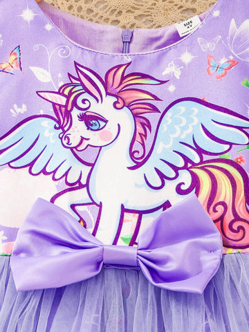 Girls' Cute Rainbow Pony Print Mesh Overlay Summer Dress With Zipper Back, Elegant & Charming