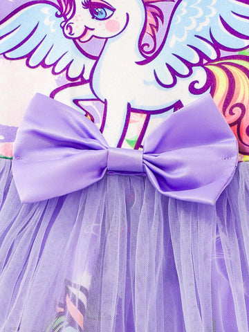 Girls' Cute Rainbow Pony Print Mesh Overlay Summer Dress With Zipper Back, Elegant & Charming