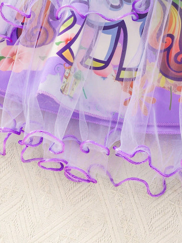 Girls' Cute Rainbow Pony Print Mesh Overlay Summer Dress With Zipper Back, Elegant & Charming