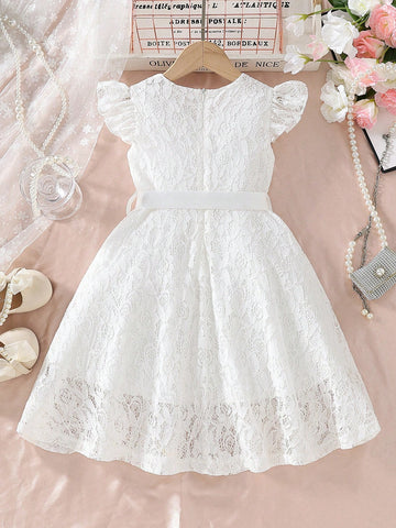 Young Girls Sweet Lace Dress With Ruffle Bell Sleeve, Round Neck, Solid Color, Waist Belt