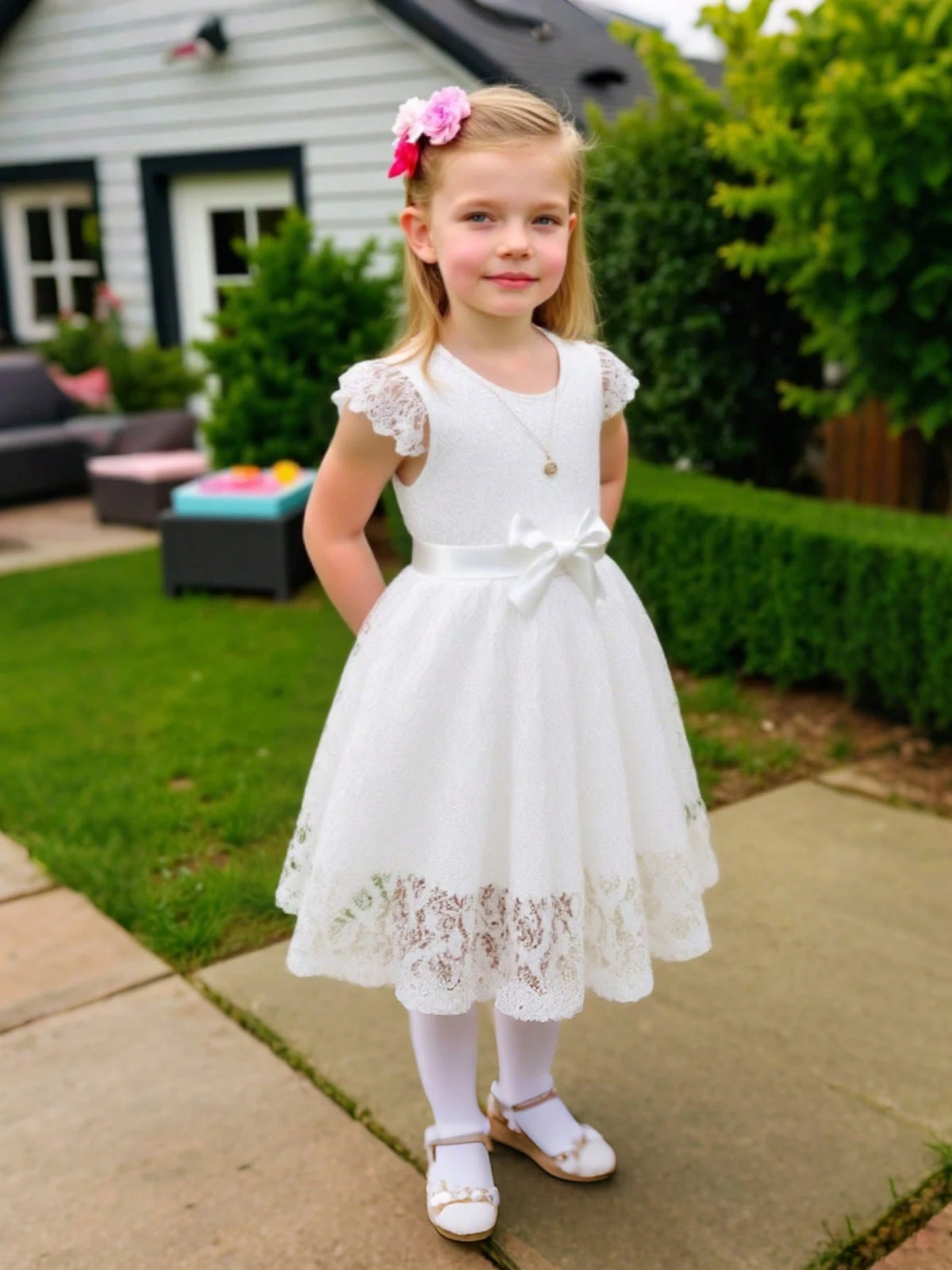 Young Girls Sweet Lace Dress With Ruffle Bell Sleeve, Round Neck, Solid Color, Waist Belt