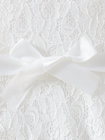 Young Girls Sweet Lace Dress With Ruffle Bell Sleeve, Round Neck, Solid Color, Waist Belt