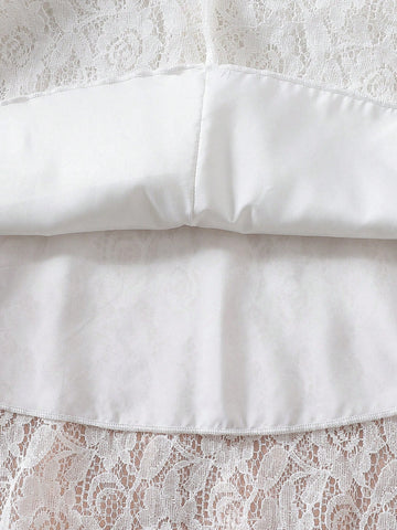 Young Girls Sweet Lace Dress With Ruffle Bell Sleeve, Round Neck, Solid Color, Waist Belt