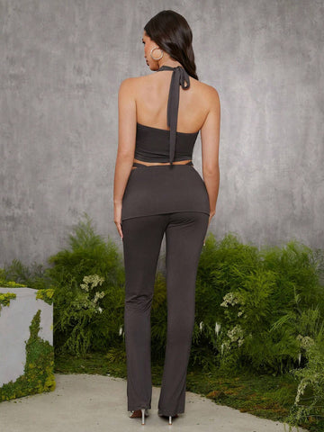 evoluSHEIN X Anitta Jheni Designer Women Solid Color Low Waist Skinny Flare Pants, Holiday, Thanksgiving