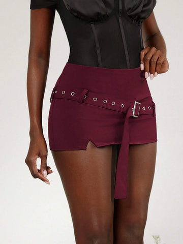 Women's Low-Waist Mini Skirt With Slit And Buckle Decoration