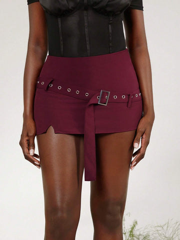 Women's Low-Waist Mini Skirt With Slit And Buckle Decoration