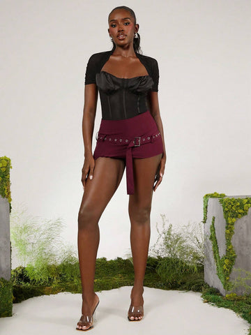 Women's Low-Waist Mini Skirt With Slit And Buckle Decoration