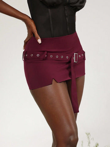 Women's Low-Waist Mini Skirt With Slit And Buckle Decoration