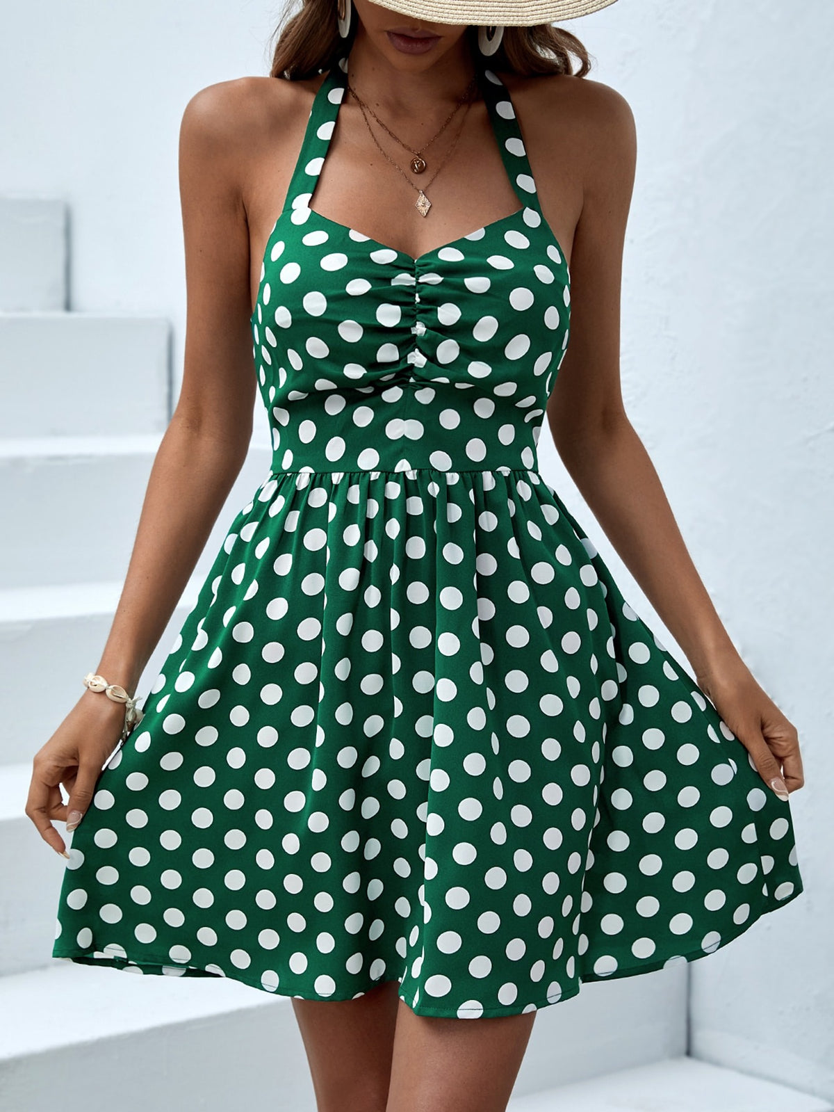 Polka Dot Print Tie Backless Halter Dress