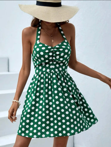 Polka Dot Print Tie Backless Halter Dress