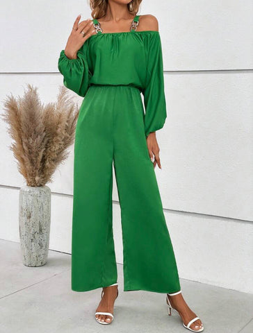 Cold Shoulder Lantern Sleeve Wide Leg Jumpsuit